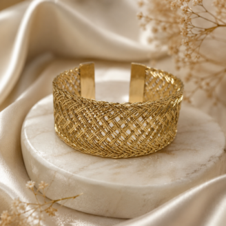 The Golden Lattice Mesh Woven Open-Cuff Kada