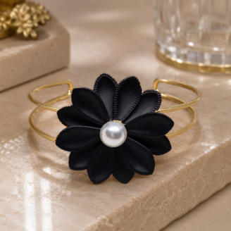 The Noir Bloom Pearl Gold Open Cuff Kada
