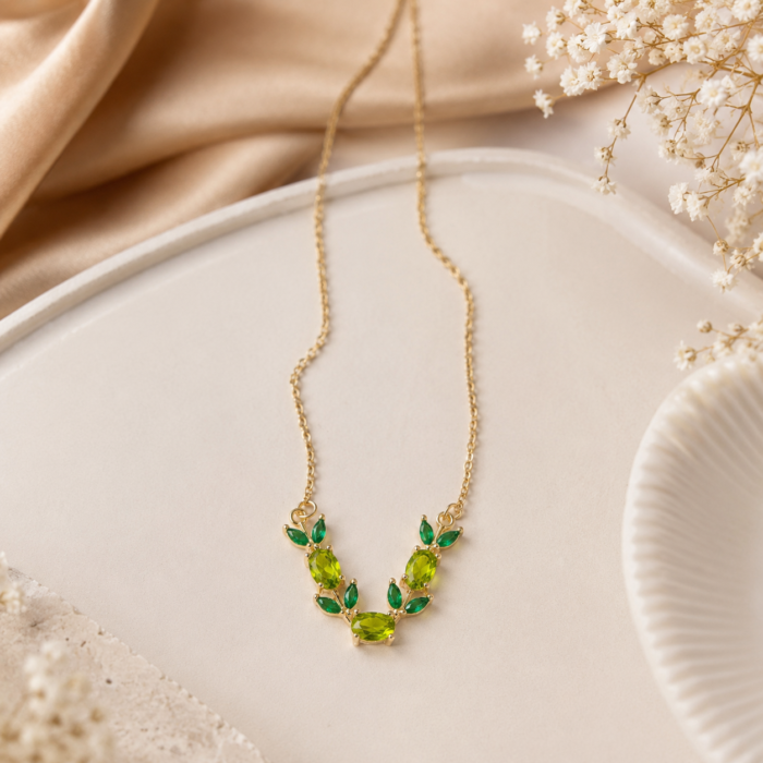 Gold-Plated Emerald Leaf Pendant Necklace